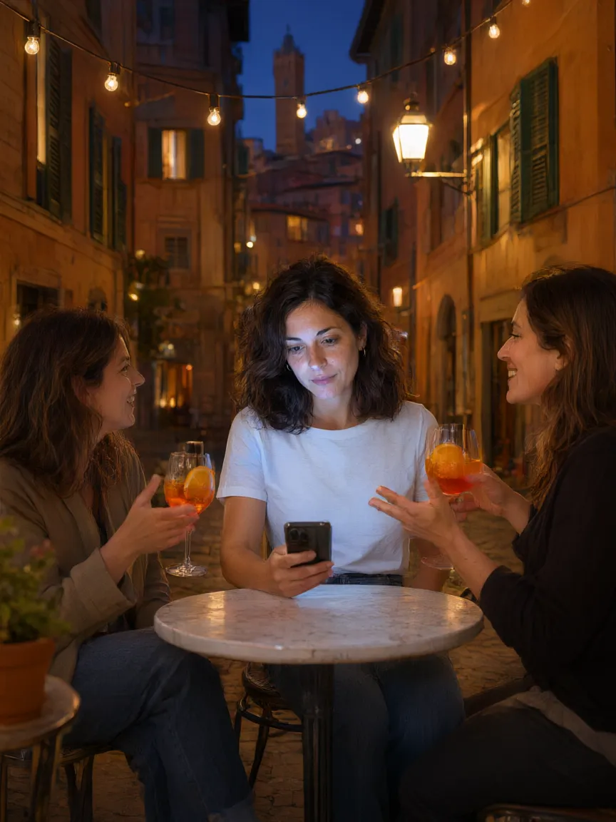 Al tavolino con le amiche, lo sguardo sul telefono sotto il tavolo