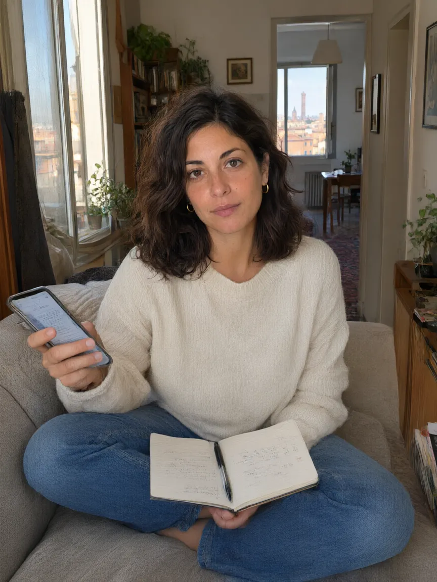 Sul divano con la guida aperta sul telefono e il quaderno