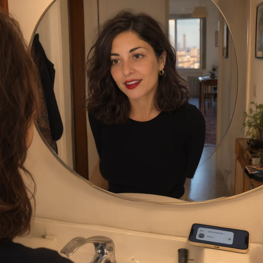 Lei allo specchio, pronta per uscire, con il telefono acceso sul lavandino